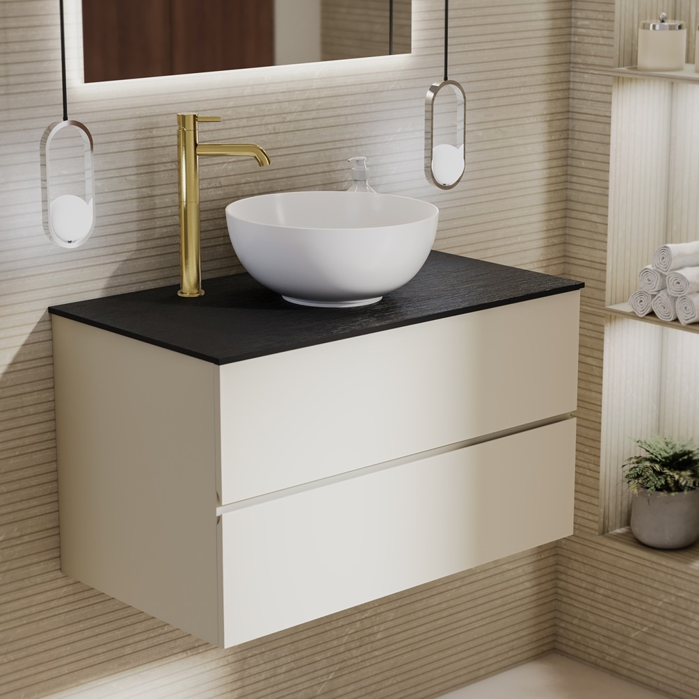 Product lifestyle image of Zero Sahara Silk 800mm Double Drawer Wall Hung Vanity Unit and Mune Black Worktop 1042-BL1167C-L055K