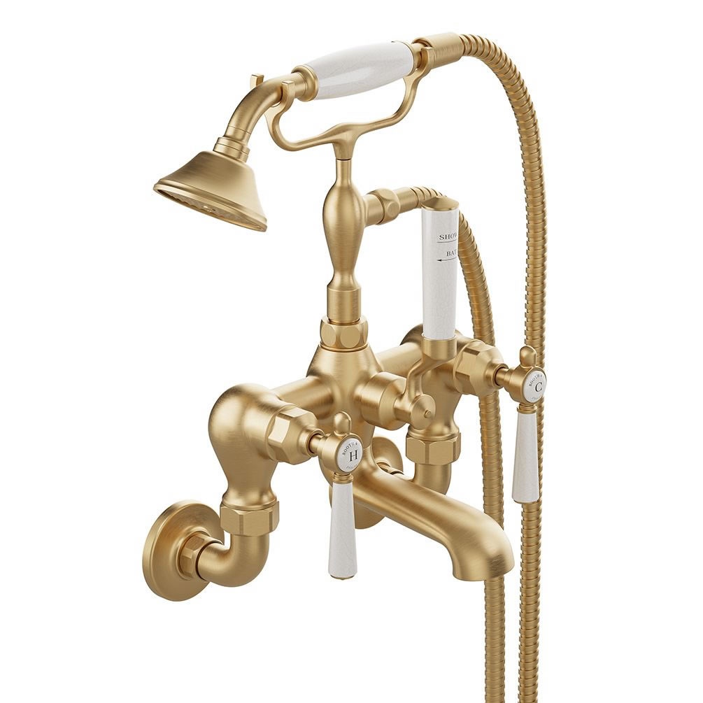 Booth & Co. Axbridge White Lever Brushed Brass Wall Mounted Bath Shower Mixer
