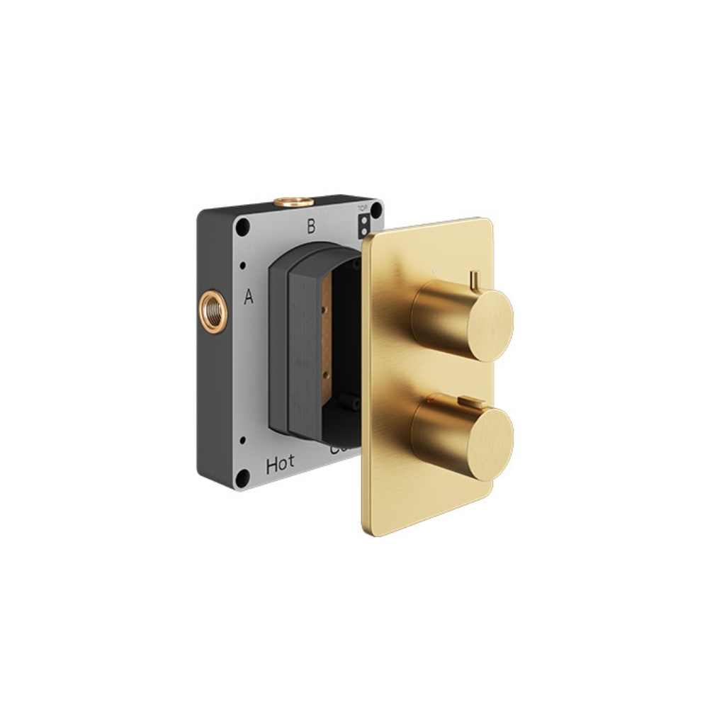 Product Cut out image of the Abacus Iso Brushed Brass 3 Outlet 2 Handle Thermostatic Shower Valve