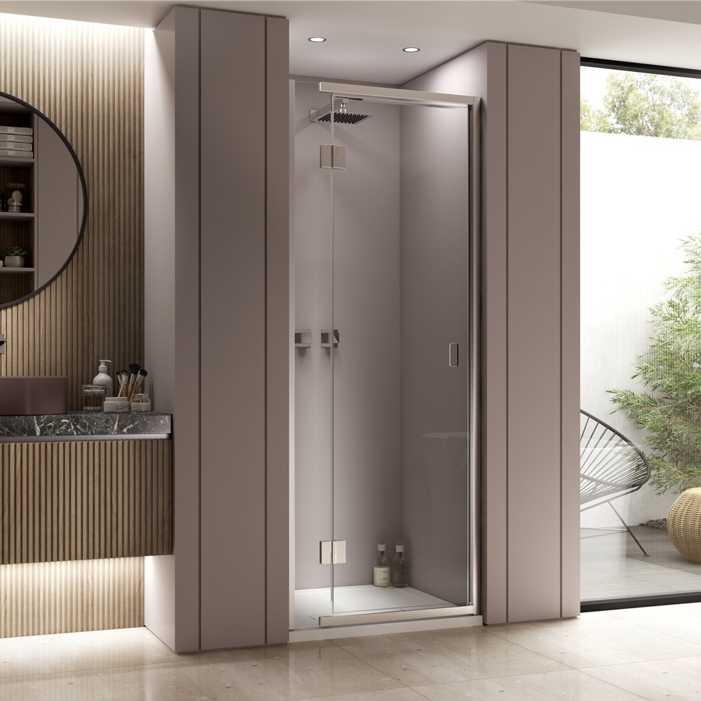 Product lifestyle image of Kudos Pinnacle 8 1100mm Left Hand Chrome Hinged Recessed Shower Door HDRLHB HIPLHD