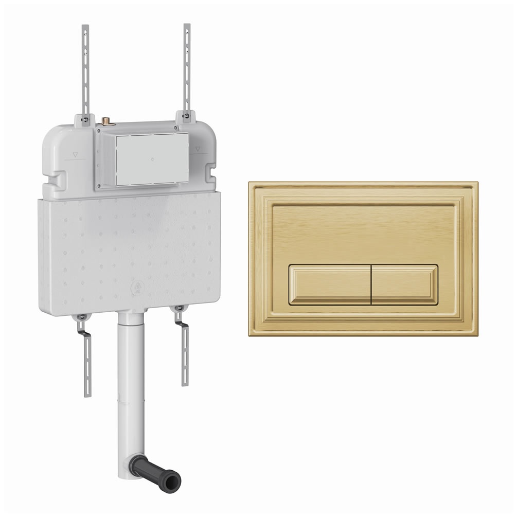 Cutout image of Crosswater 530mm Concealed Back-to-Wall Cistern & Belgravia Brushed Brass Dual Flush Plate