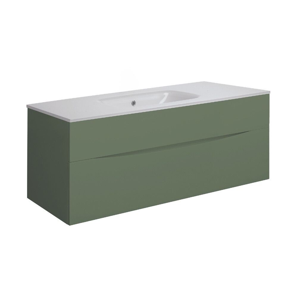 Product Cut out image of the Crosswater Glide II Sage Green 1000mm Double Drawer Unit with Ice White Glass 0 Tap Hole Basin