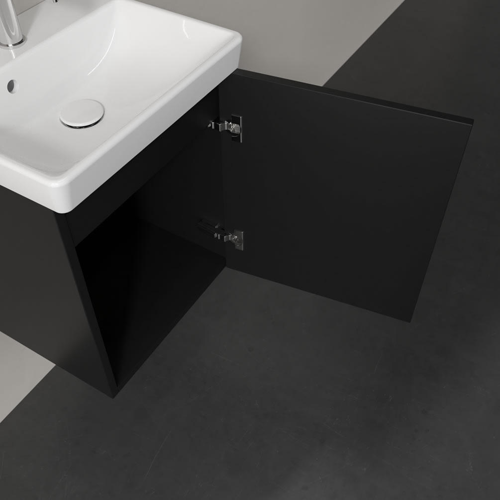 Closeup image of Villeroy & Boch Avento Volcano Black 450mm Wall-Hung Basin Vanity Unit right sided