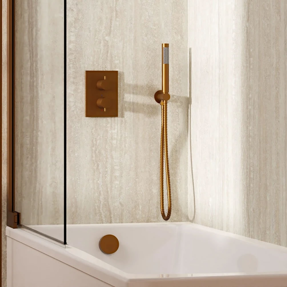 Lifestyle image of Crosswater Crossbox Brushed Bronze Dual Outlet Bath Filler Set