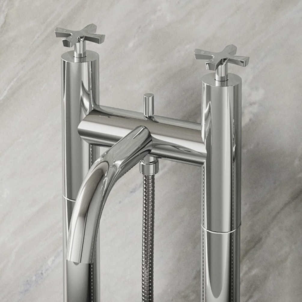 Image of Burlington Riviera Floorstanding Bath Shower Mixer with Handset & Hose in chrome close up image with marbled background