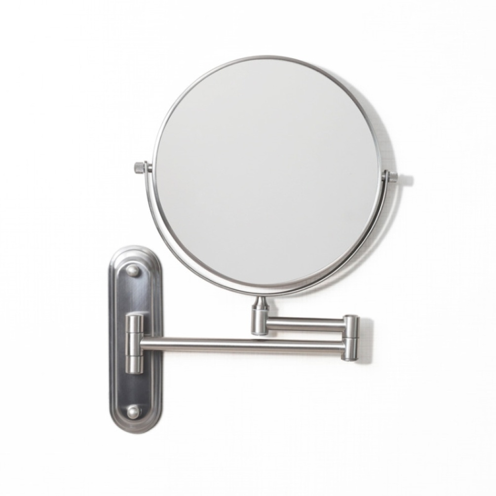 Product Cut out image of the Origins Living Taylor Brushed Nickel Reversible 5X Magnifcation Wall Mirror