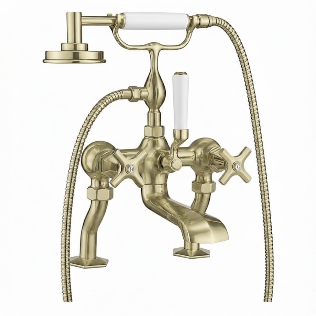 Cut out image of the Crosswater Waldorf Brushed Brass Deck Mounted Crosshead Bath Shower Mixer
