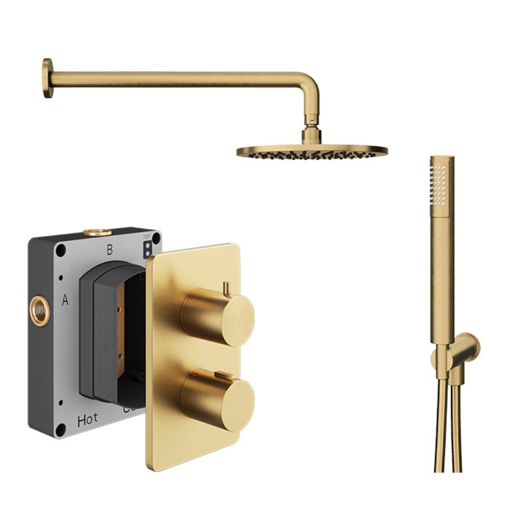 Product cut out image of the Abacus Iso Brushed Brass 2 Outlet Shower Pack with Fixed Head & Handset