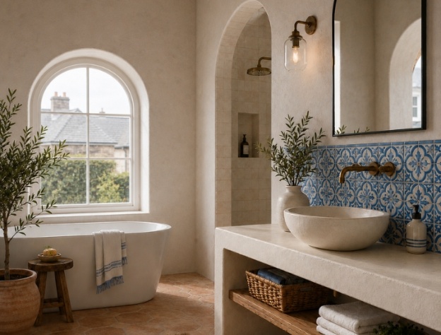 Lifestyle image of a Medittereanean bathroom in the UK