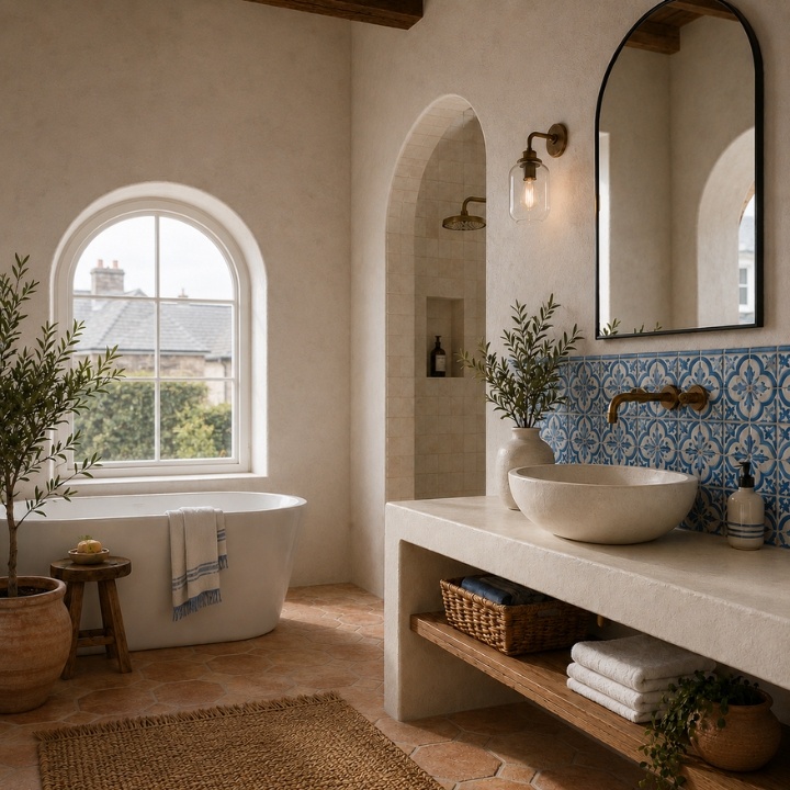Lifestyle image of a Medittereanean bathroom in the UK