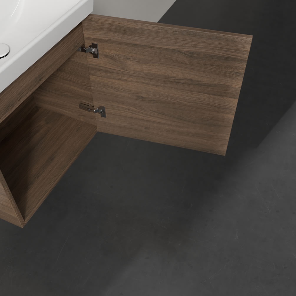 Closeup image of Villeroy & Boch Avento Arizona Oak 550mm Wall-Hung Basin Vanity Unit right handed