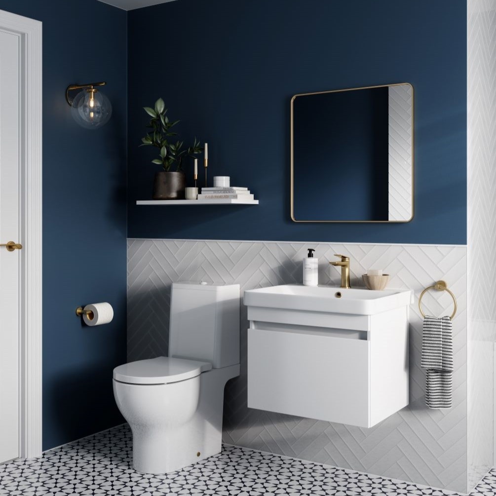 Wide angled lifestyle shot of Britton Dalston 600mm wall-hung single drawer unit in matt white