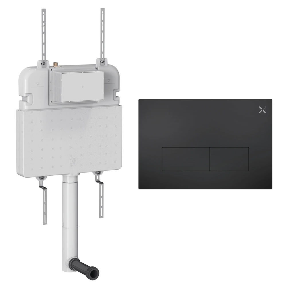 Cutout image of Crosswater 530mm Concealed Back-to-Wall Cistern & MPRO Stainless Steel Matt Black Dual Flush Plate