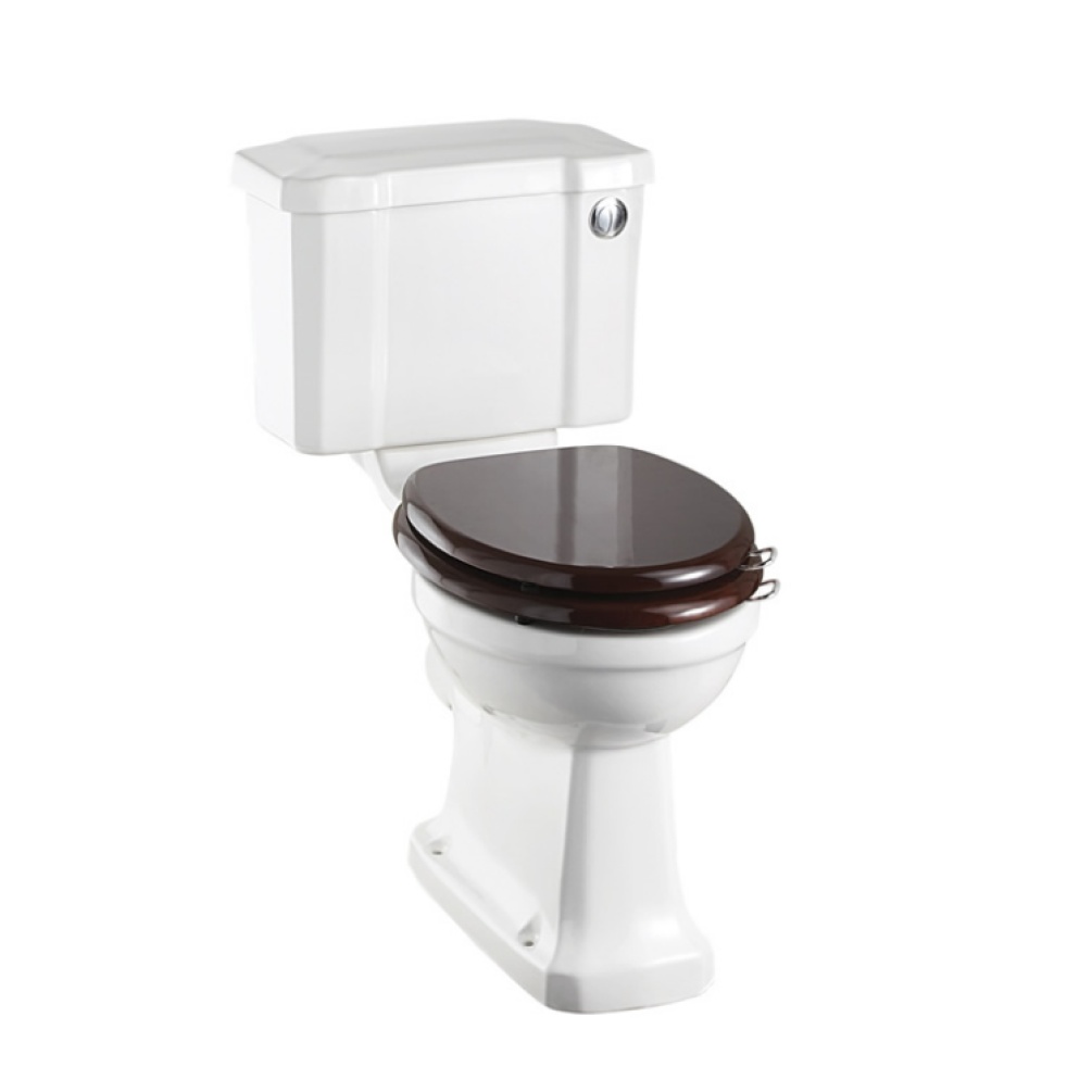 Product Cut out image of the Burlington Regal Slimline Close Coupled Toilet with Push Button and a Gloss Mahogany Toilet Seat