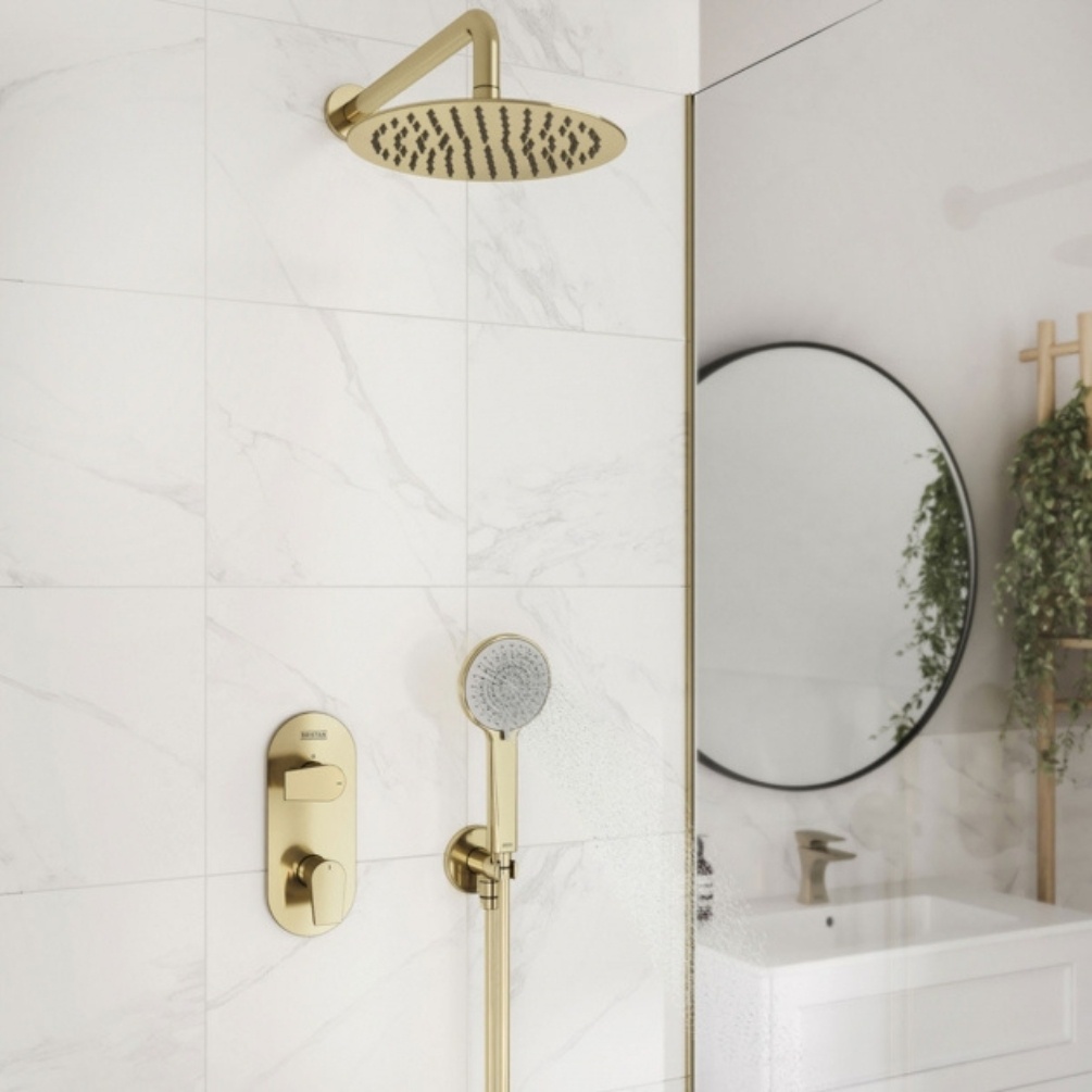 Lifestyle image of the Bristan Hourglass Brushed Brass Dual Outlet Thermostatic Shower Pack