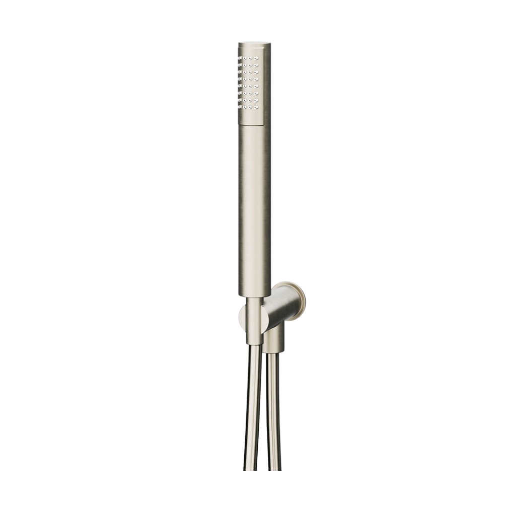 Product cut out image of the Abacus Emotion Brushed Nickel Handset with Hose, Round Wall Outlet & Holder