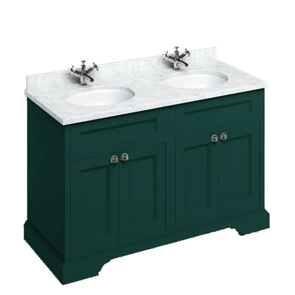 Burlington Minerva Carrara White 1300mm Double Worktop & Matt Green Freestanding Vanity Unit with Doors