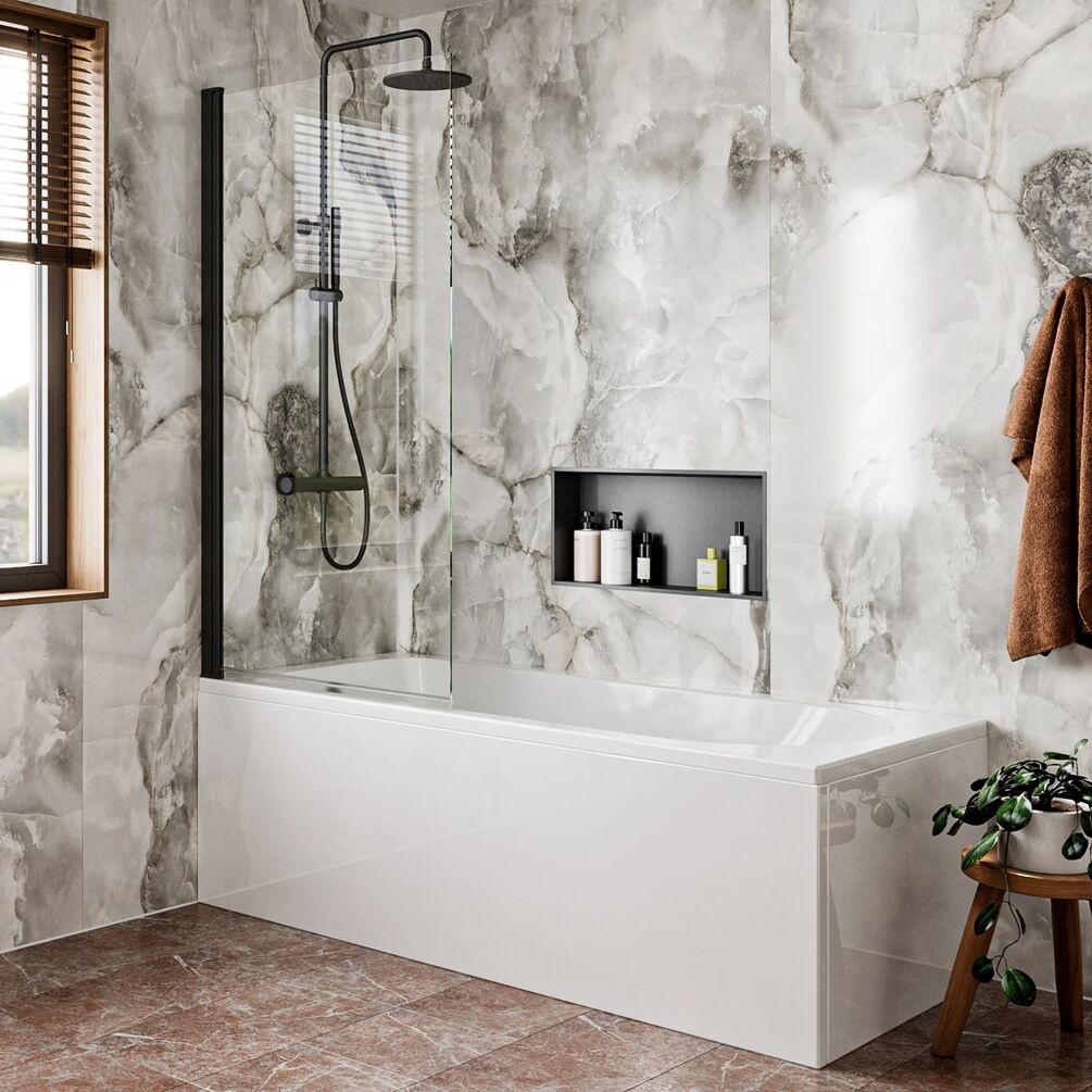 Lifestyle image of Crosswater Clear 6 Matt Black Single Panel Hinged Bath Screen