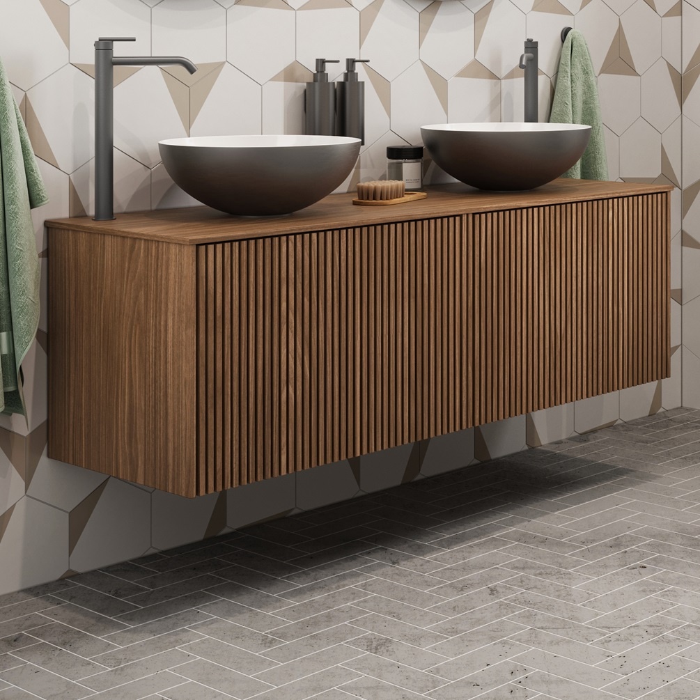 Product lifestyle image of Crosswater Limit 1400mm Royal Walnut Wall Hung Double Vanity Unit and Worktop with two slate countertop sinks and tall taps in bathroom LM7000DRWAN LM1410TRW