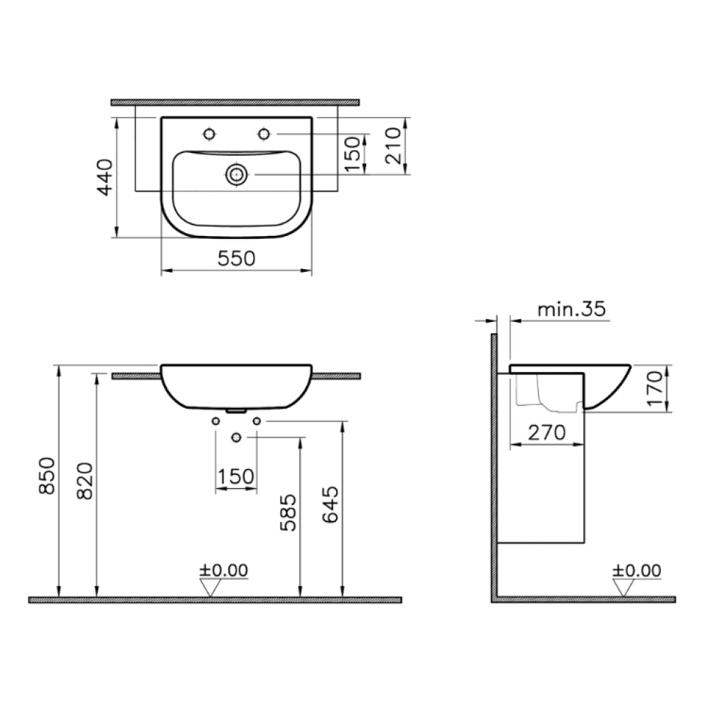 Product Specification image of S20 Semi Recessed Basin with two tap holes