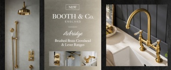 image of booth and co taps brushed brass taps framed by a black background with text saying Booth & Co Axbridge Brushed Brass New