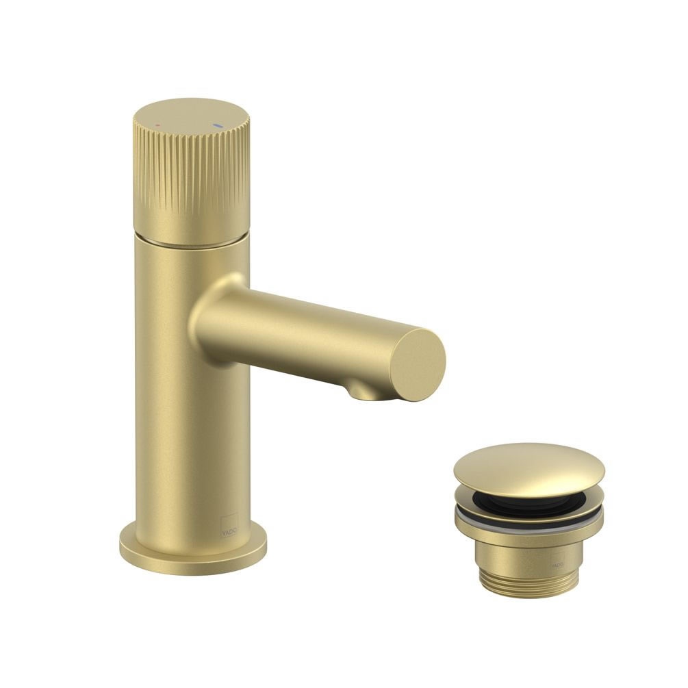 Vado Safari Leverless Fluted Satin Brass Mini Mono Basin Mixer With Waste