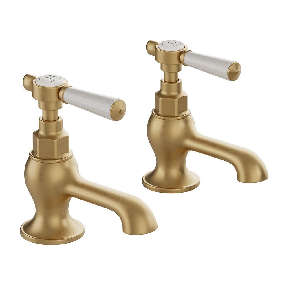 Booth & Co. Axbridge White Lever Brushed Brass Basin Pillar Taps