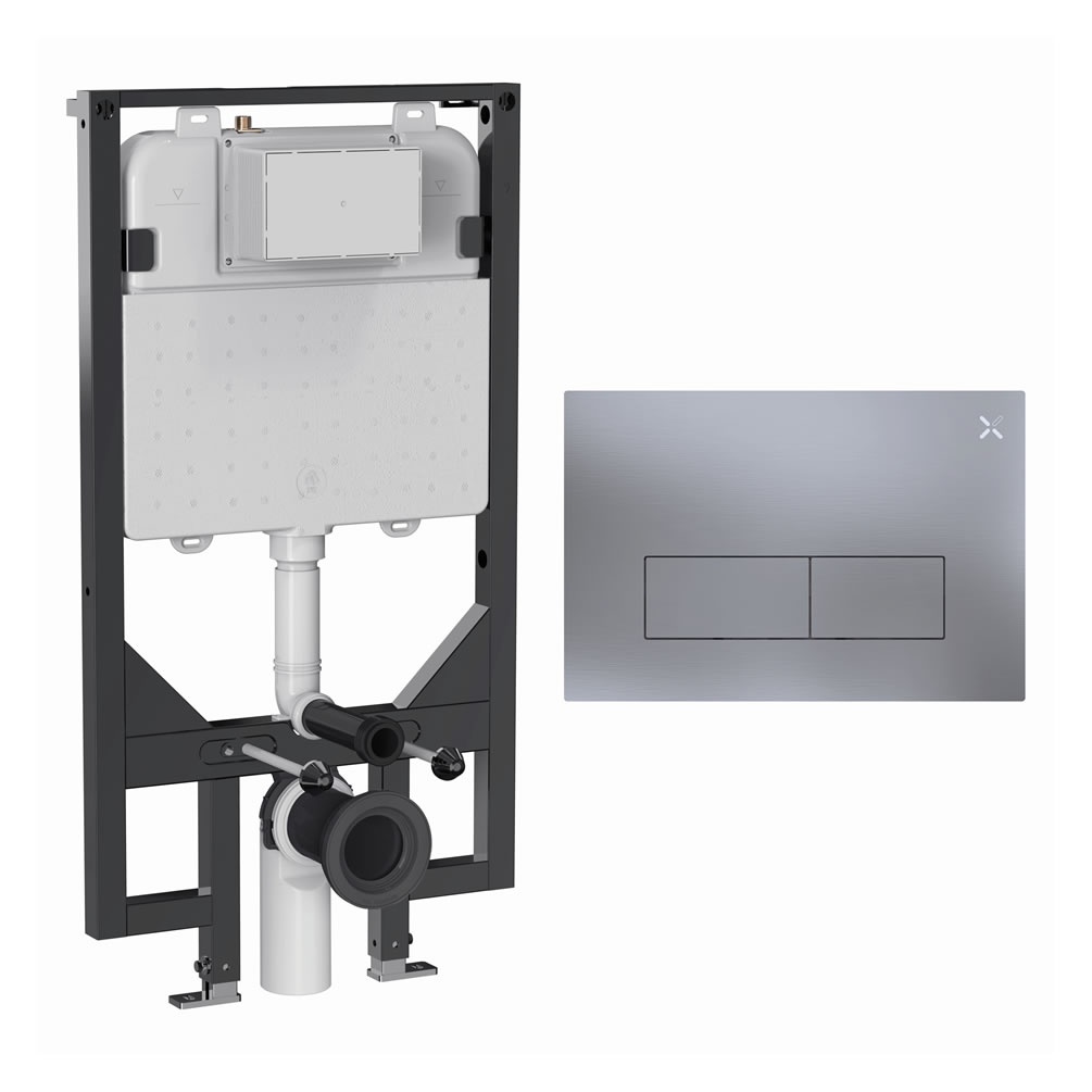 Cutout image of Crosswater 1140mm Ultra-Slim Wall-Hung Cistern Frame & MPRO Brushed Nickel Stainless Steel Dual Flush Plate