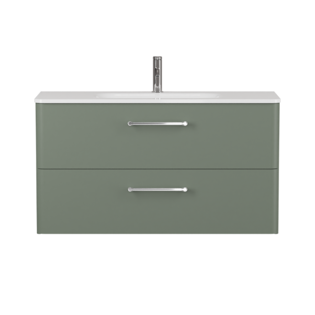 Product cut out photo of Britton Bathrooms Camberwell Earthy Green 1000mm Wall Hung Vanity Unit and Basin with Chrome Handles C100DDG Front Angle