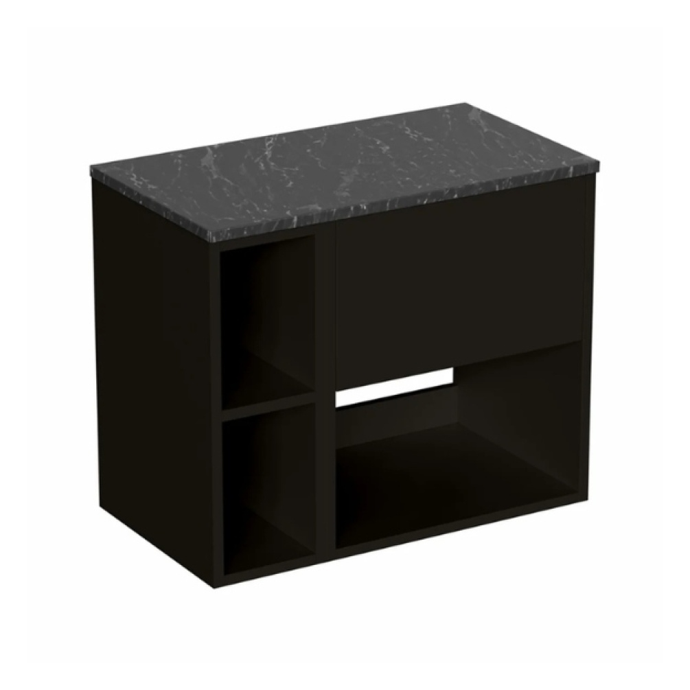 Cut out image of the Britton Hackney Matt Black 700mm Wall Hung Vanity Unit with Marquina Worktop & Shelf Unit