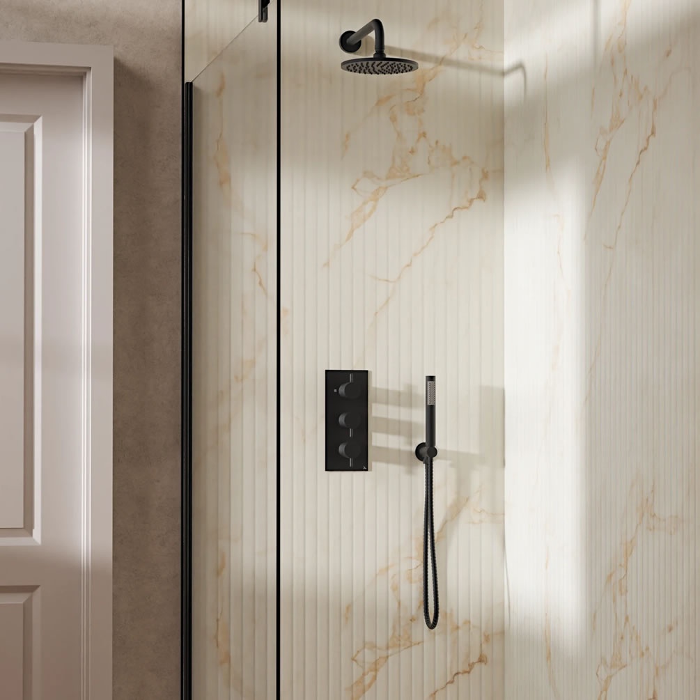Lifestyle image of Crosswater Design Matt Black Dual Outlet Three Handle Rainfall Shower Set
