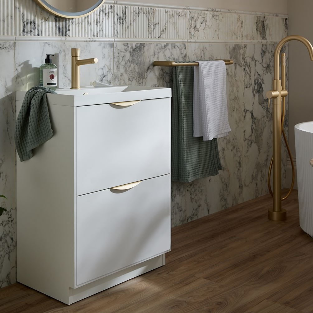 Vado Safari Smooth 600mm Arctic White Floor Mounted Vanity Unit & Mineral Basin - Lifestyle