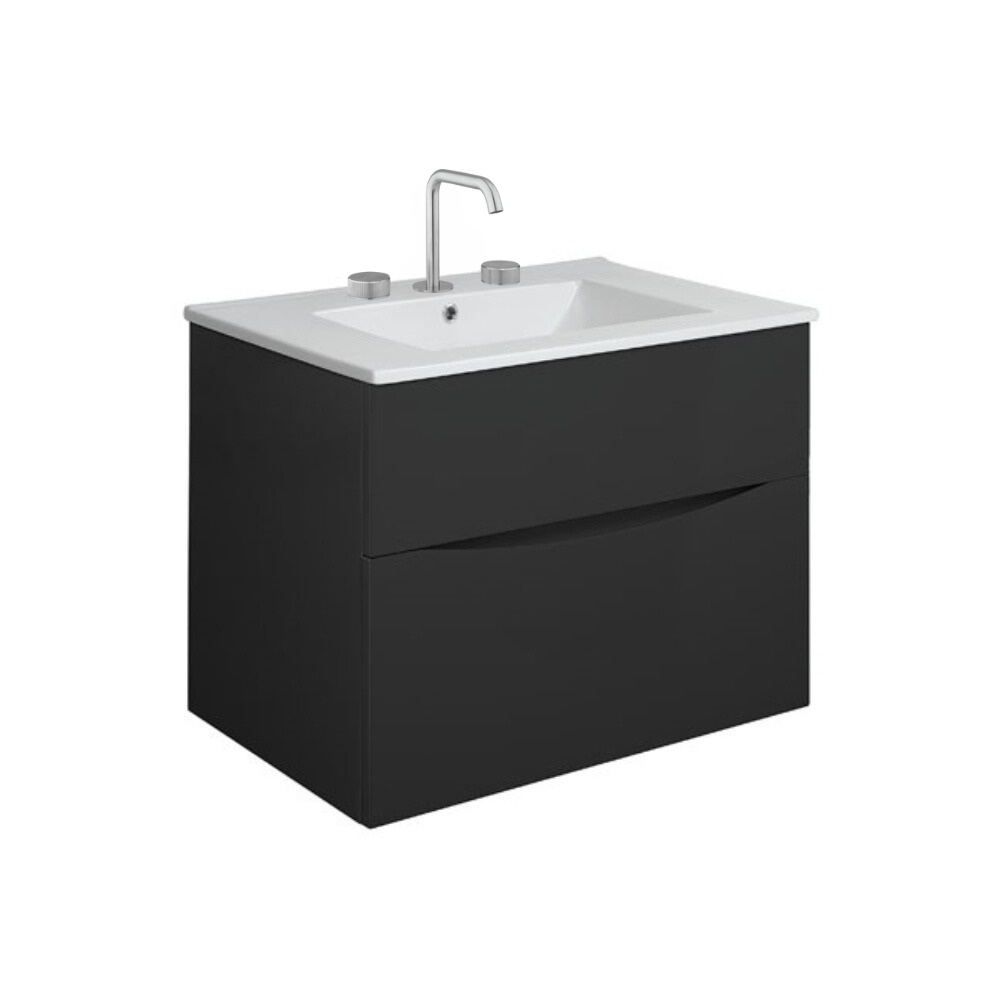 Product Cut out image of the Crosswater Glide II Matt Black 700mm Double Drawer Unit with Ceramic 3 Tap Hole Basin