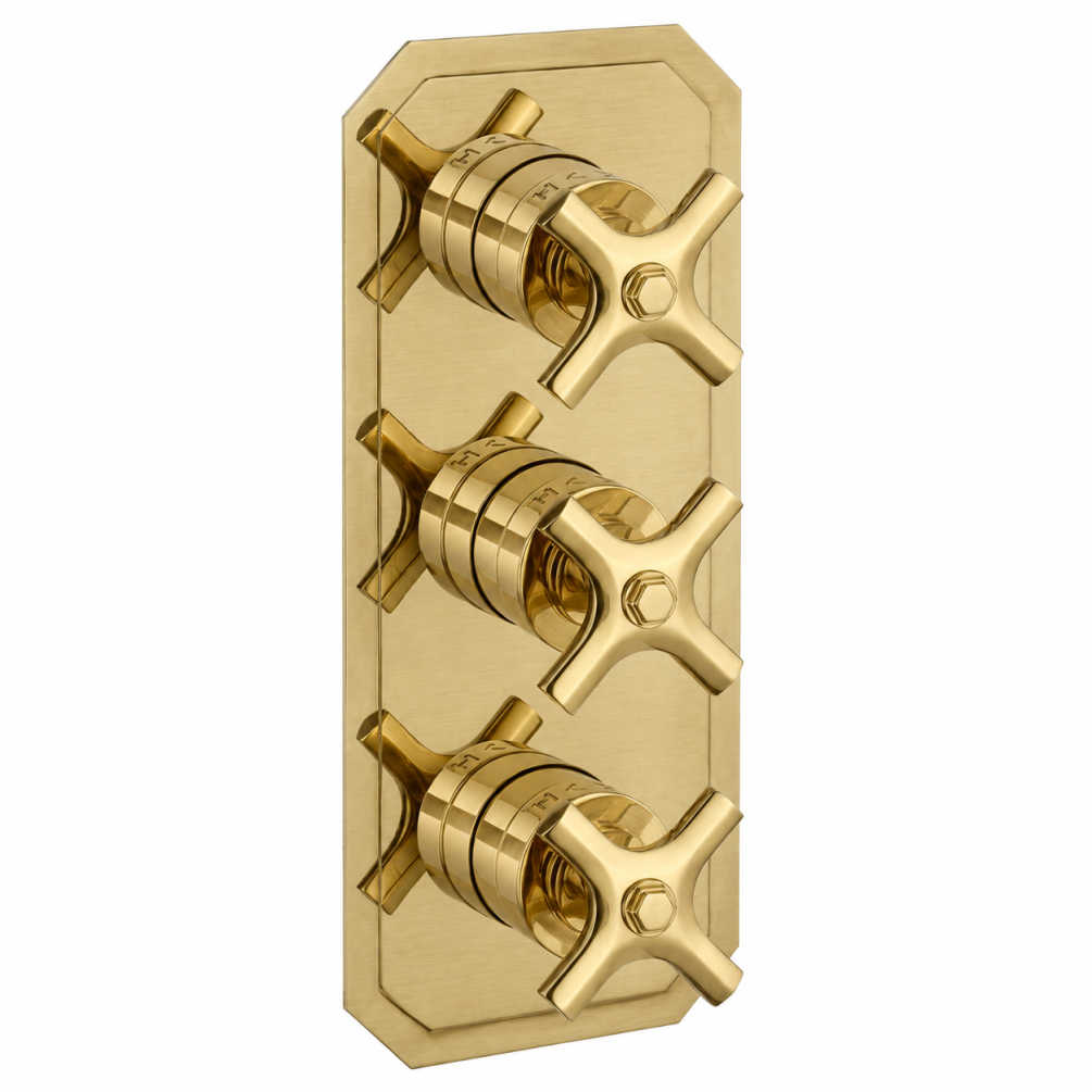 Cut out image of the Crosswater Waldorf Brushed Brass 2 Outlet 3 Handle Thermostatic Shower Valve