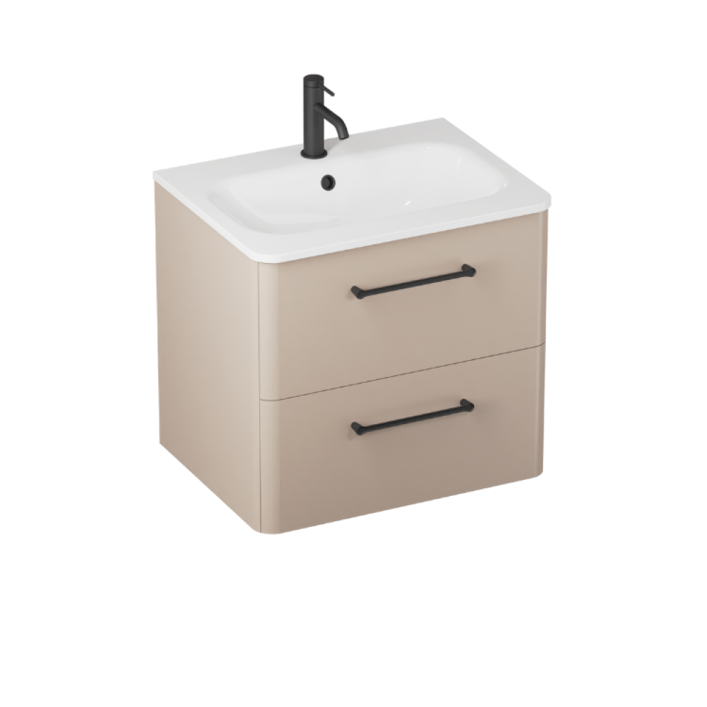 Product cut out photo image of Britton Bathrooms Camberwell Warm Beige 600mm Wall Hung Vanity Unit and Basin with black handles C60DDM