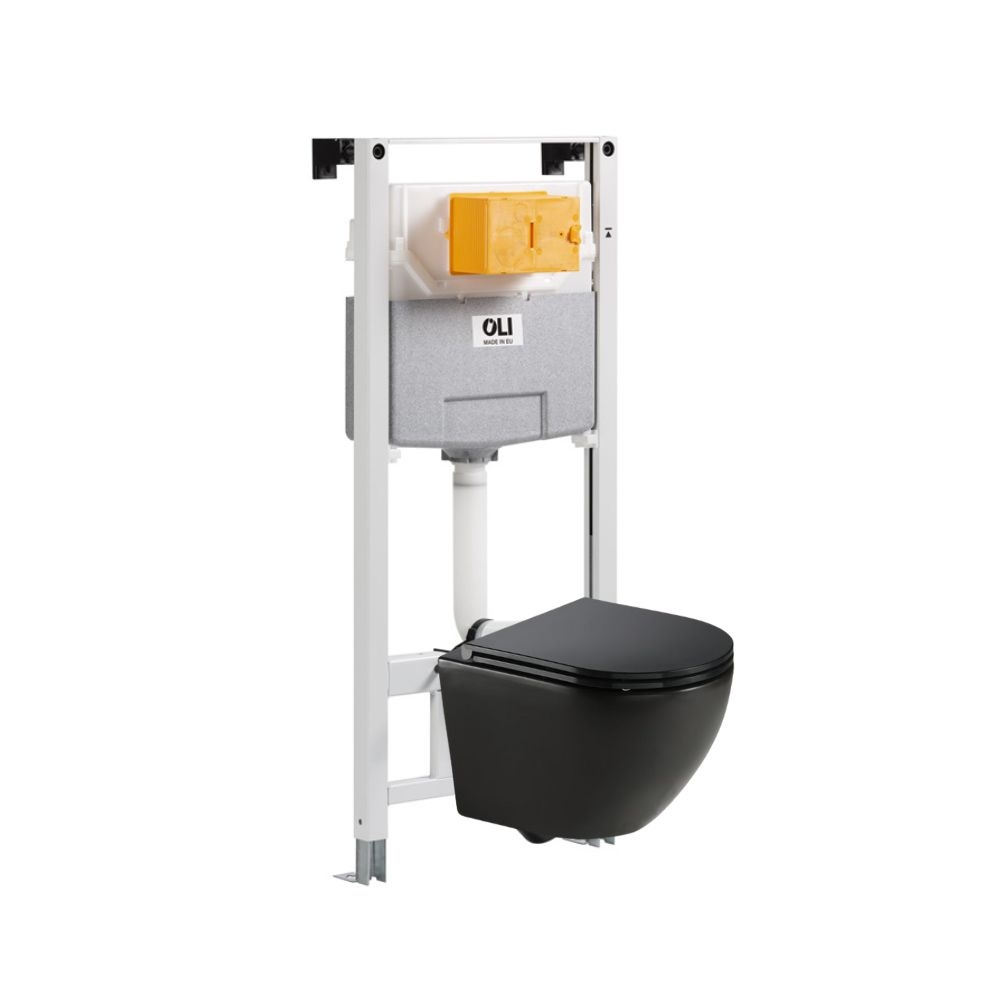 JTP Wortex Matt Black Wall Hung Rimless Toilet with Seat & 1.2m Concealed Cistern & W.C Frame Set Joined Cut outs