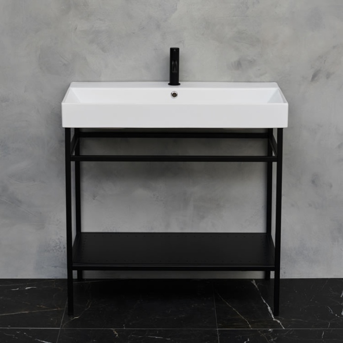 Photo of Shoreditch Frame Furniture Stand in Matt Black with marble-effect wall
