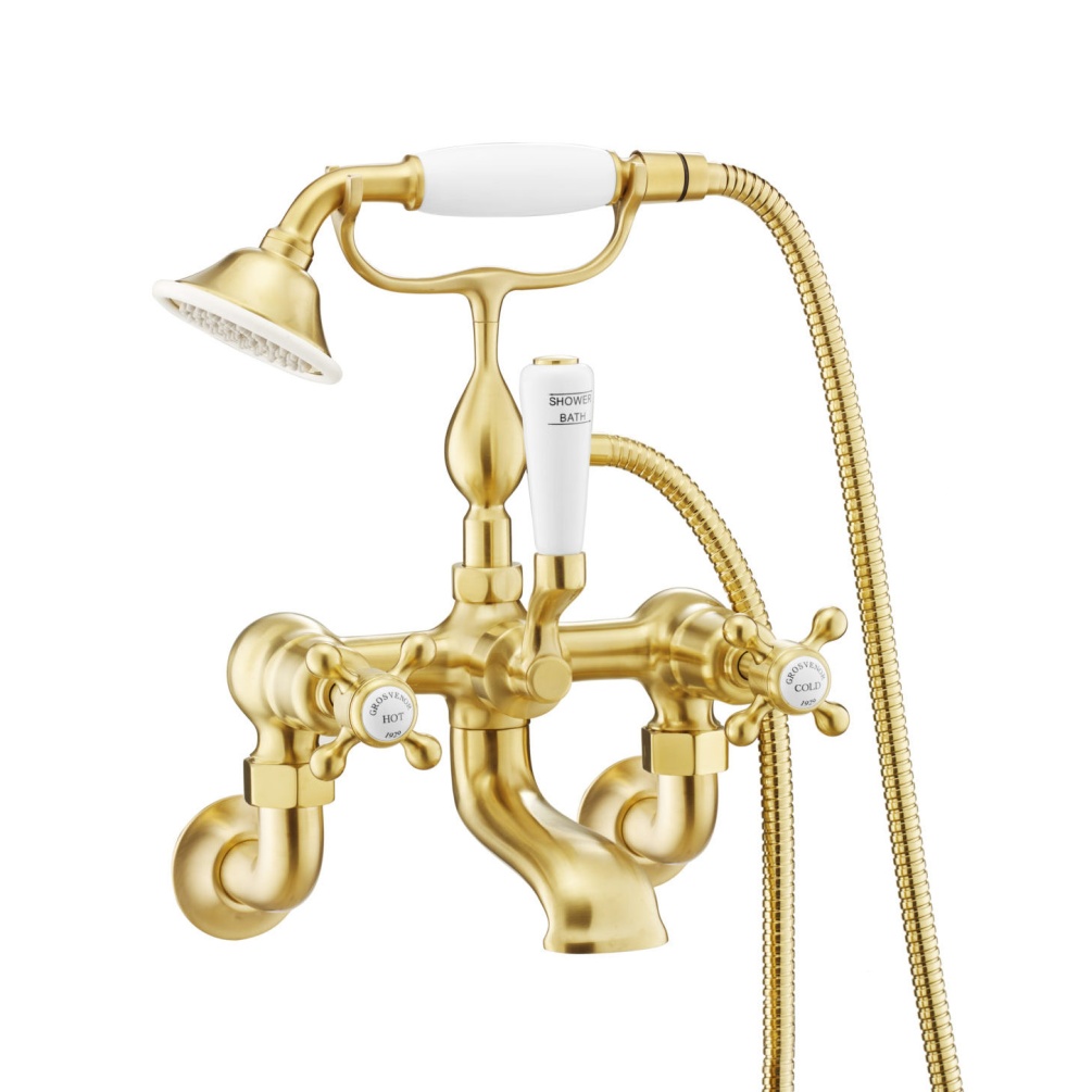 JTP Grosvenor Cross Brushed Brass Wall Mounted Bath Shower Mixer & Kit Cut Out
