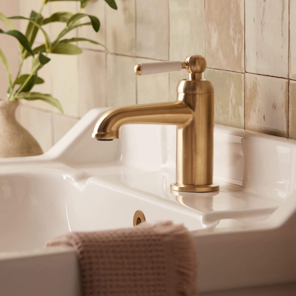 Tavistock Lansdown Brushed Brass Mono Basin Mixer With Click Waste - Lifestyle Image 1