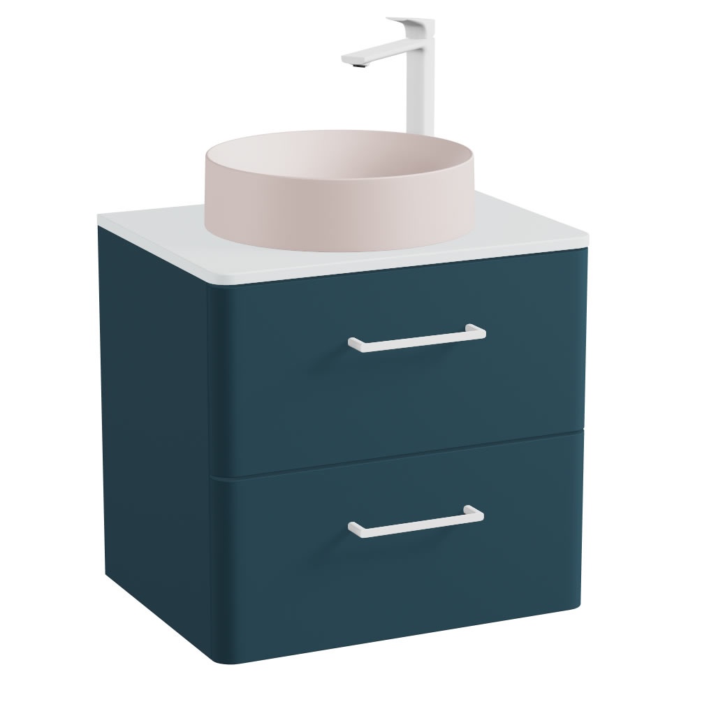 Vado Cameo 600mm Atlantic Blue Wall Hung Vanity Unit, Arctic White Worktop & Pink Basin