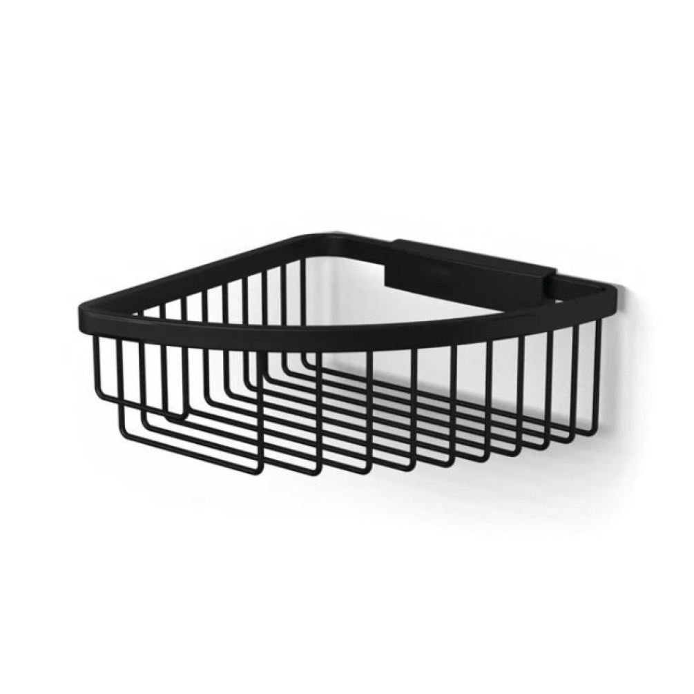 Product Cut out image of the HIB Matt Black Wire Corner Shower Basket