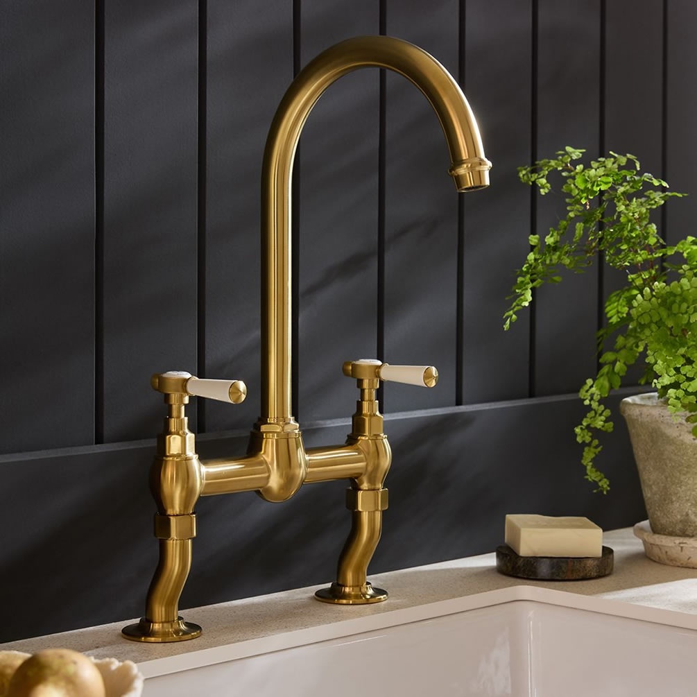 Booth & Co. Axbridge Lever Brushed Brass/White Bridge Kitchen Mixer - Lifestyle Image 1