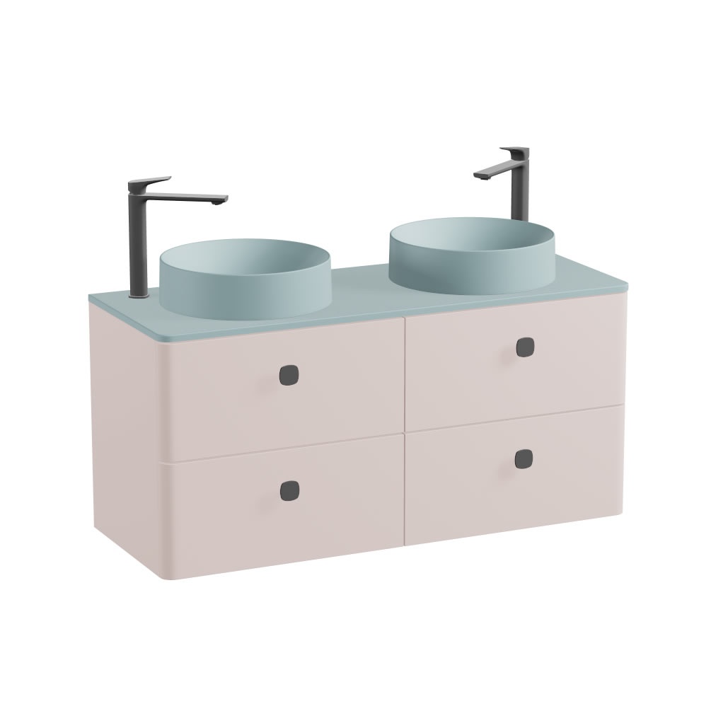 Vado Cameo 1200mm Pink Clay Wall Hung 4 Drawer Vanity Unit, Cove Blue Worktop & Basins