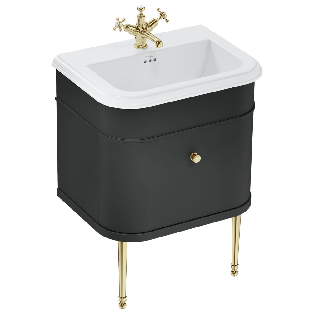 Burlington Chalfont 650mm Ceramic Basin, Matt Black Wall Hung Unit & Gold Legs