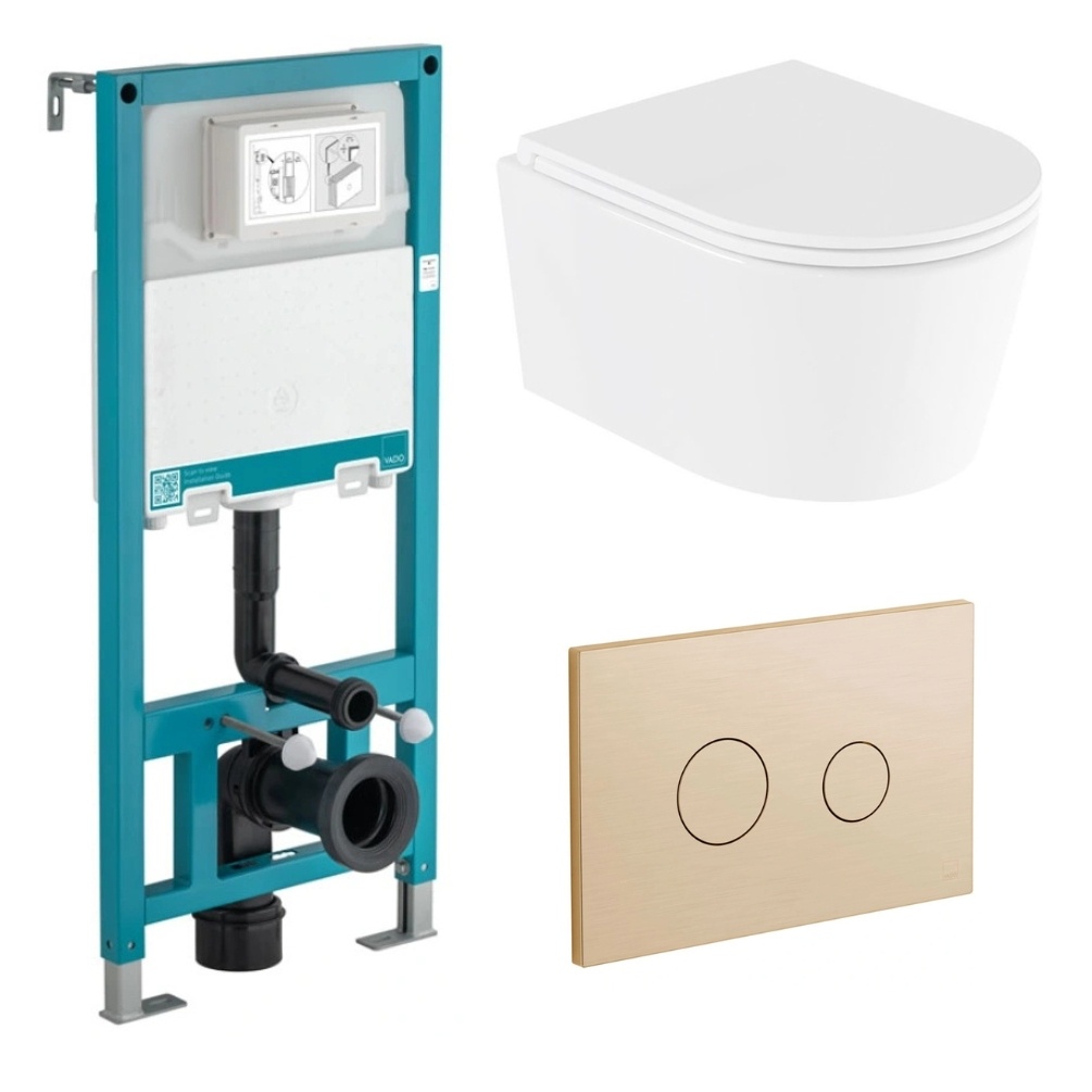 Cut out image of the Vado Cameo Round Rimless Wall Hung Toilet with 1135mm Short WC Frame, Cistern & Gold Flush Plate