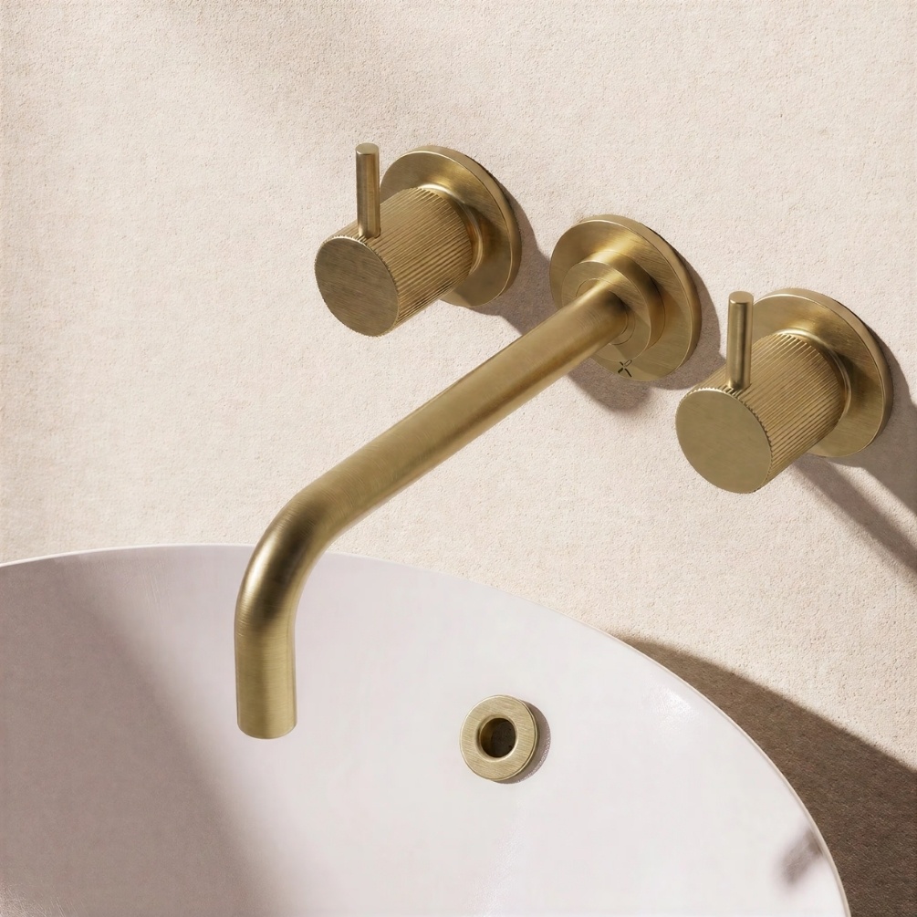 Crosswater MPRO Flute Brushed Brass 3-Hole Wall Mounted Basin Mixer Tap Lifestyle