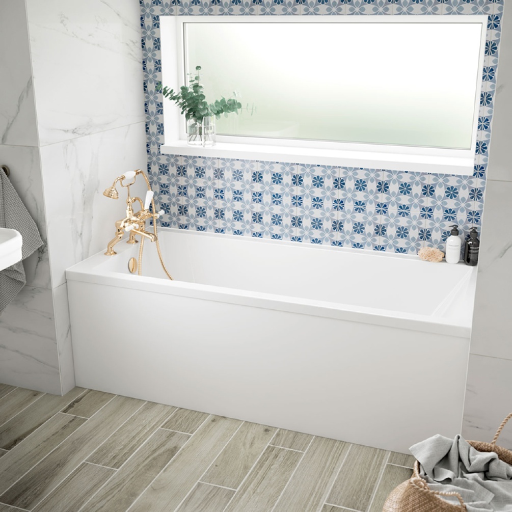 Product lifestyle image of BC Designs Solid Blue Square Single Ended Shower Bath with white bath panel
