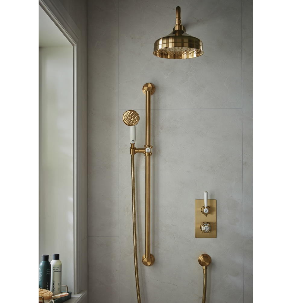 Booth & Co. Axbridge Brushed Brass/White Slide Rail Shower Pack - Lifestyle Image