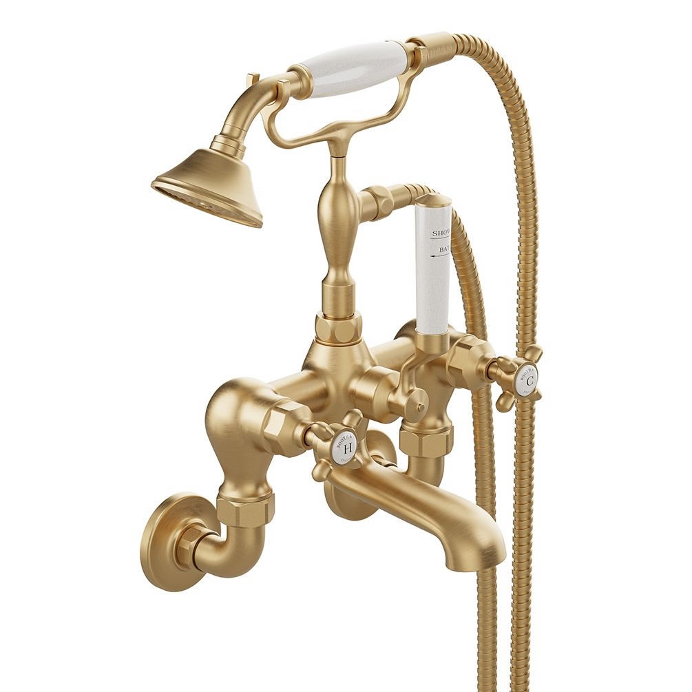 Booth & Co. Axbridge White Cross Brushed Brass Wall Mounted Bath Shower Mixer