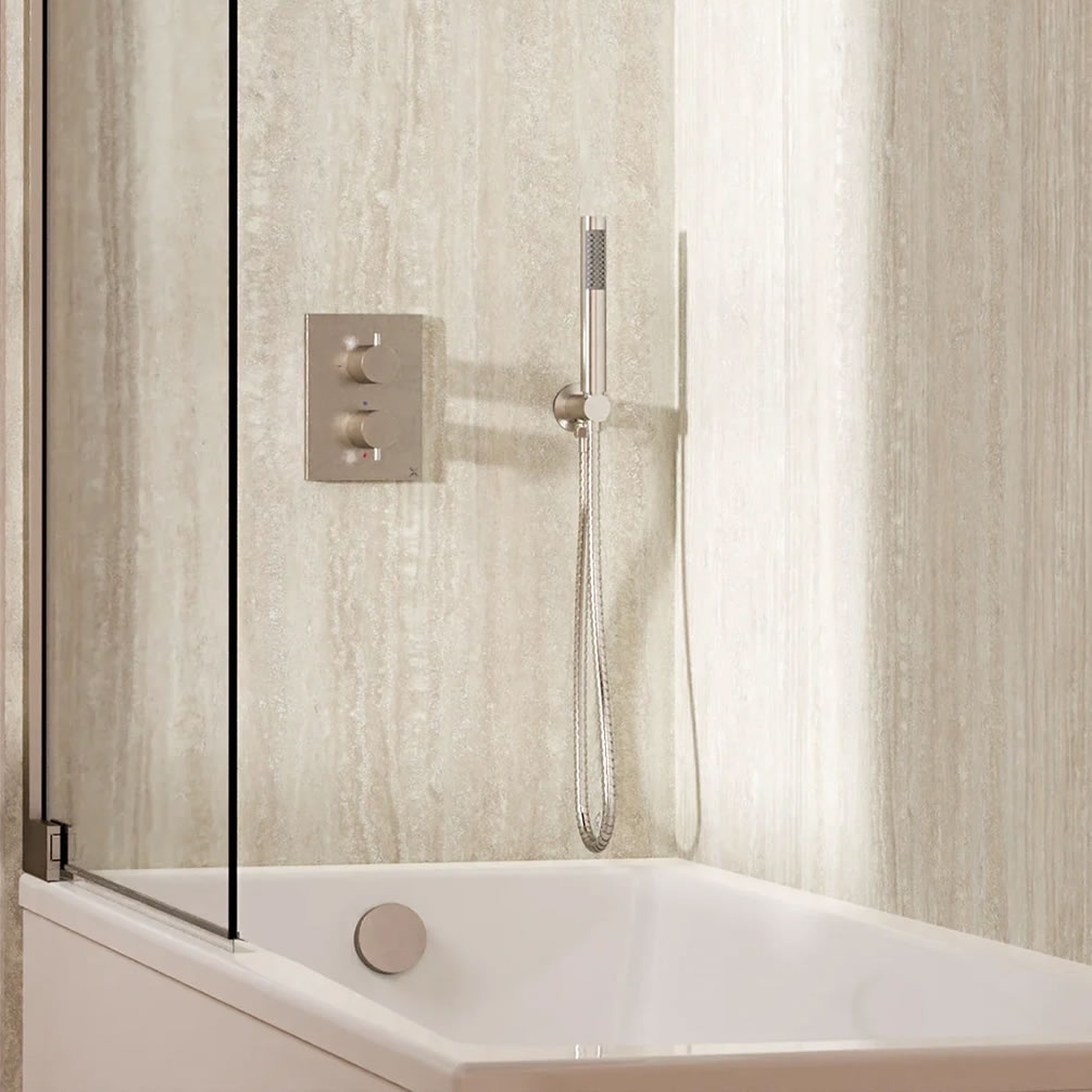 Lifestyle image of Crosswater Crossbox Brushed Nickel Dual Outlet Bath Filler Set